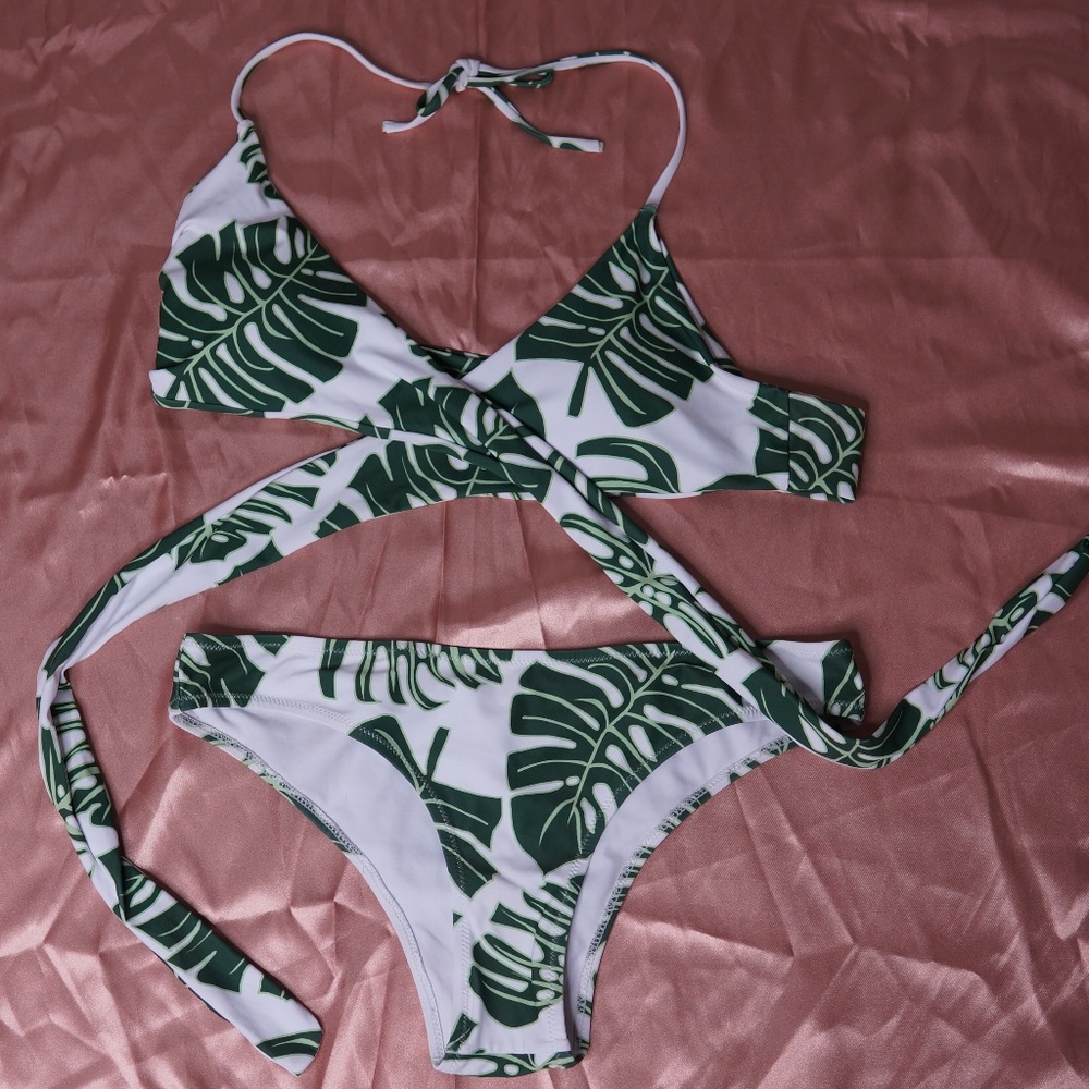 Tropical Leaf Two Piece Wrap Top Bikini